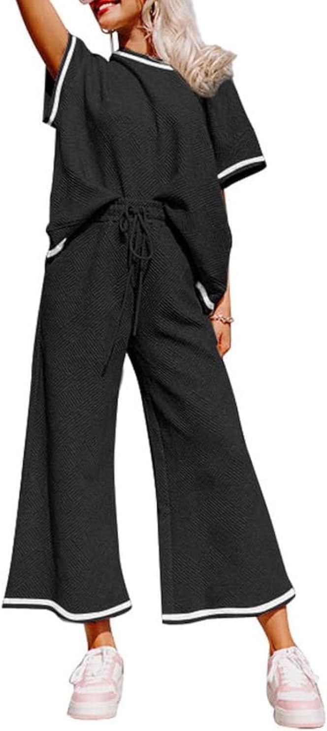 SHEWIN Women's 2 Piece Outfits Sweatsuit Casual Short Sleeve Pullover Tops and D...