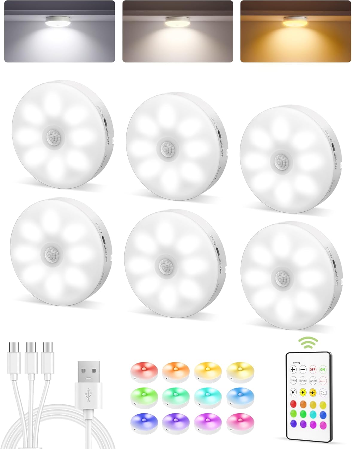 EZVALO Under Cabinet Lighting, Rechargeable Battery Operated Puck Lights with Re...