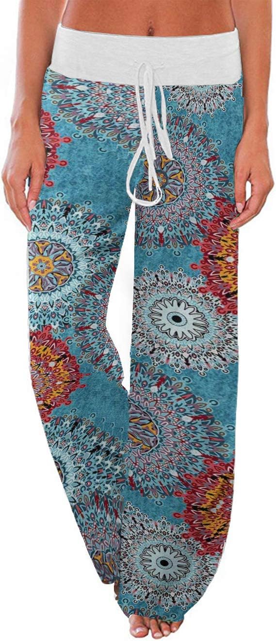 Famulily Women's Comfy Stretch Drawstring Long Wide Leg Lounge Pants L Blue Flor...