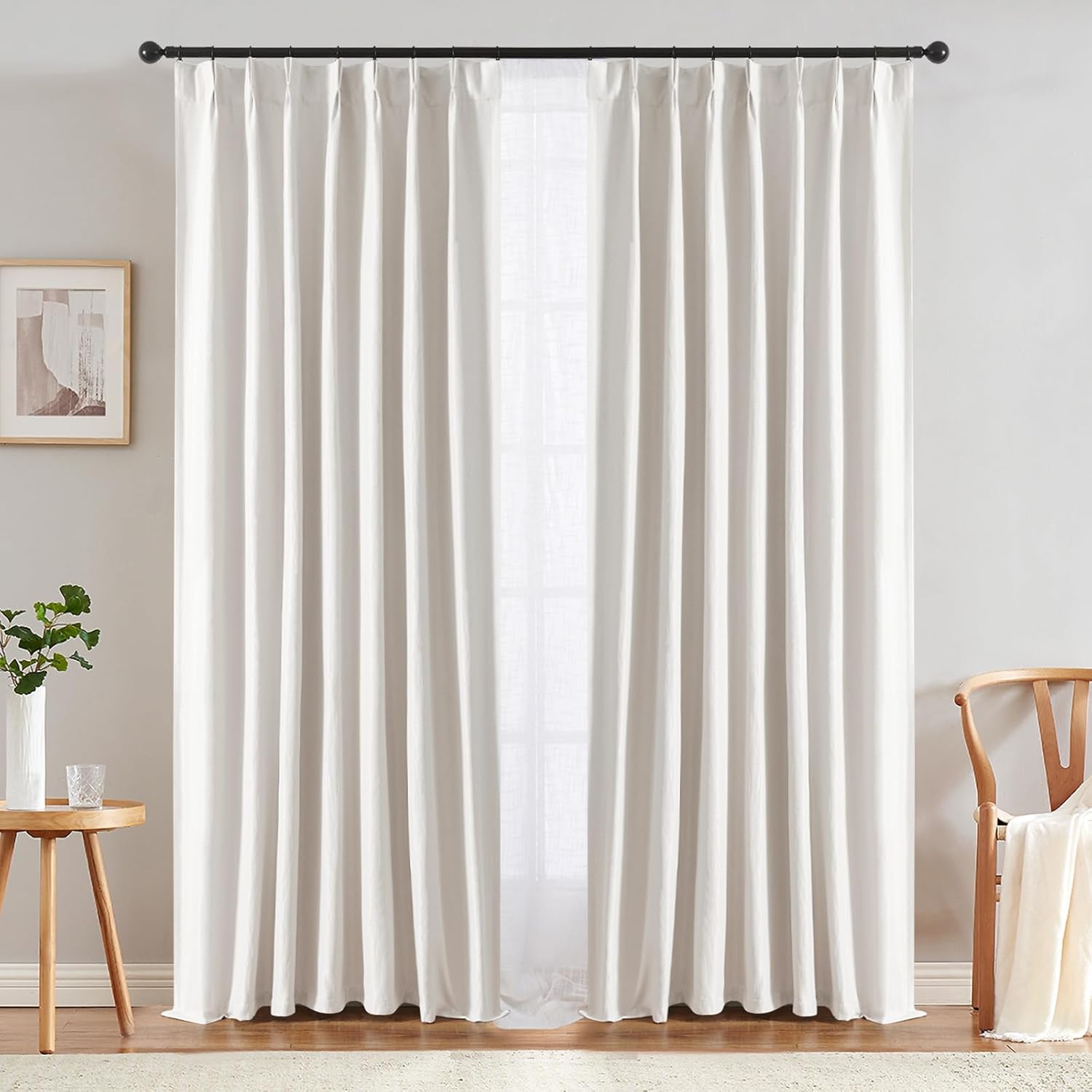 jinchan Pinch Pleated Curtain 96 Inch Length Light Filtering White Curtain for B...