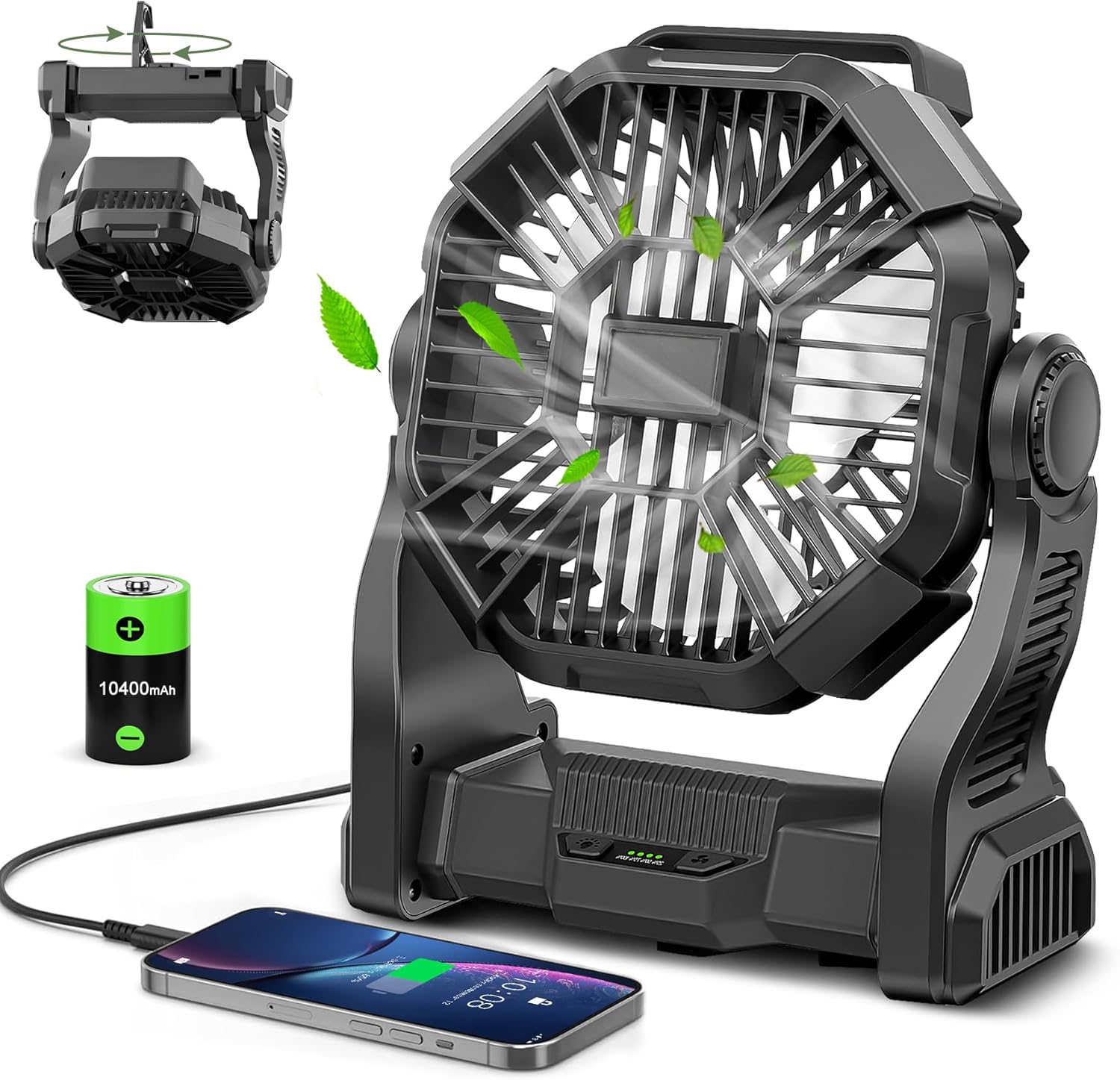 CONBOLA Portable Rechargeable Camping Fan for Tent, 10400mAh Battery Operated Ou...