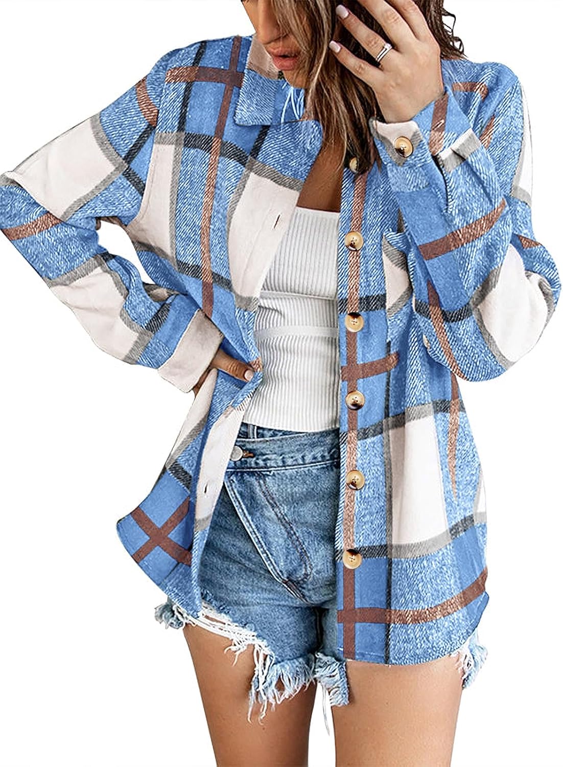 Zeagoo Women Flannel Shacket Jacket Plaid Button Down Long Sleeve Shirt Fall Out...