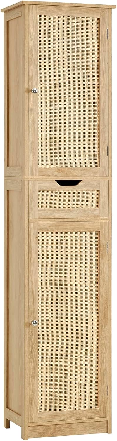 Iwell Tall Bathroom Cabinet with Doors, Rattan Storage Cabinet with Adjustable S...