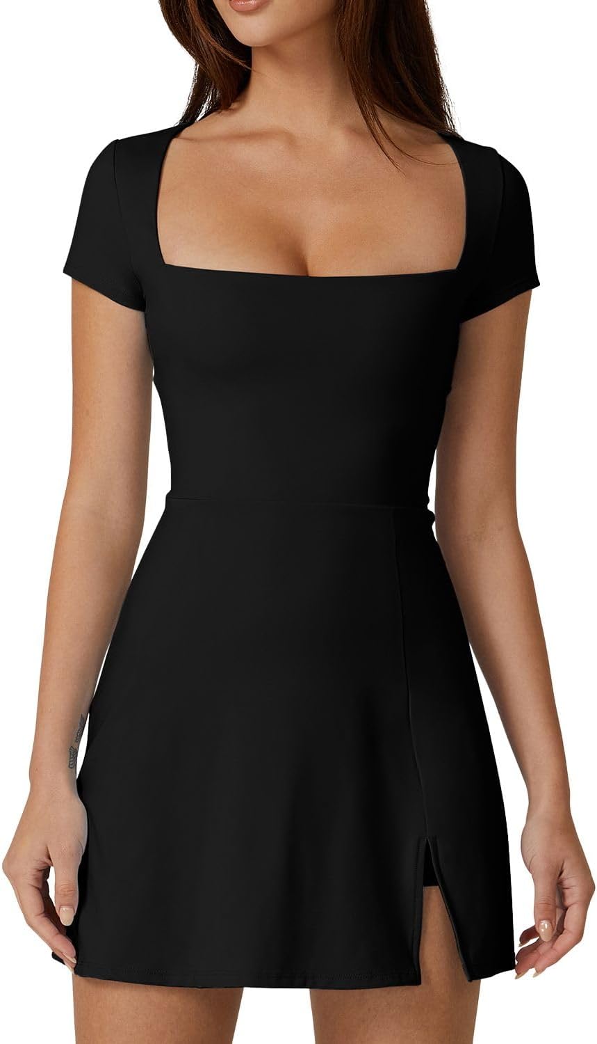 QINSEN Womens Square Neck Tennis Dress Short Sleeve Built in Shorts Golf Athleti...