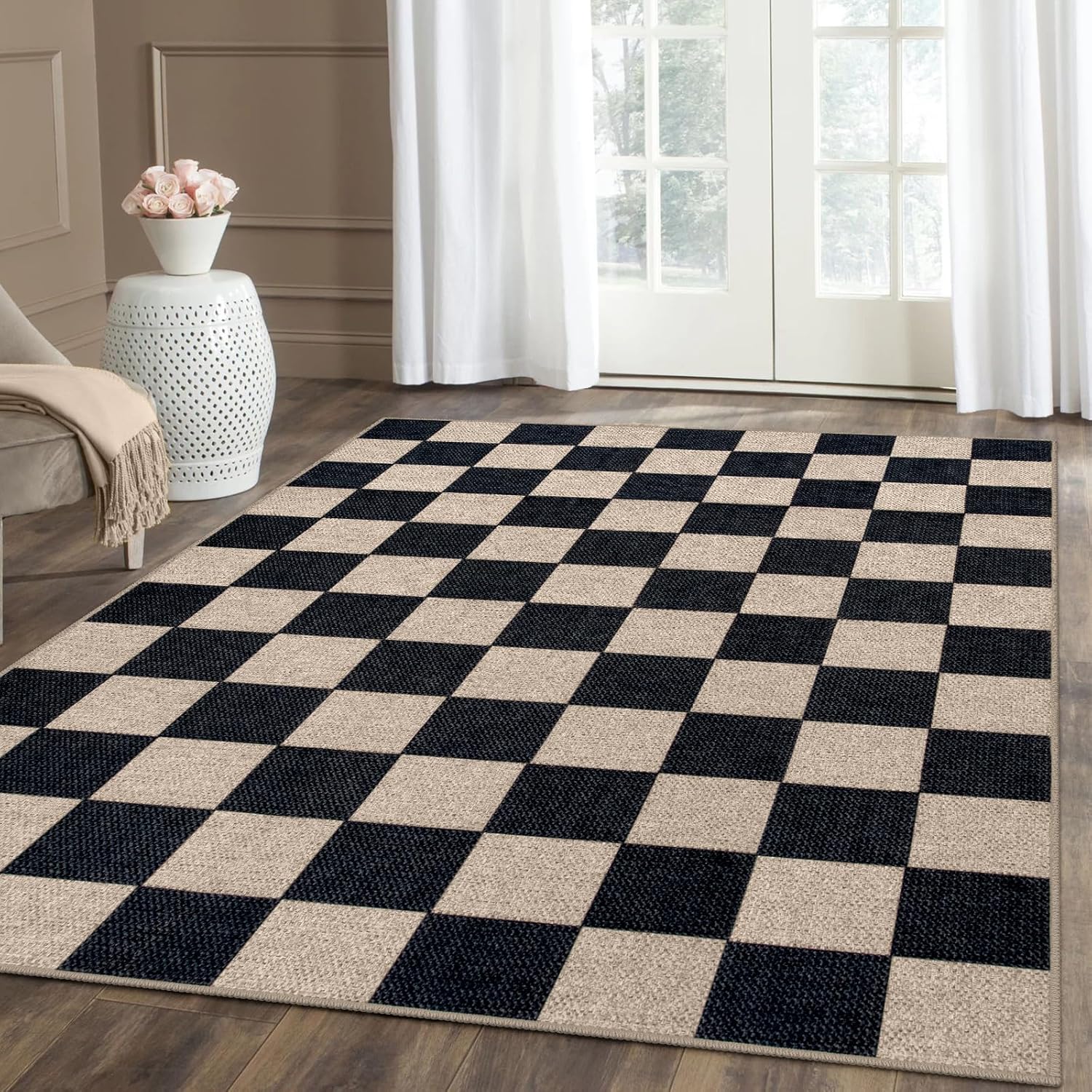 Lahome Checkered Easy Jute Area Rug, 5x7 Outdoor Patio Rug Washable Rugs for Liv...