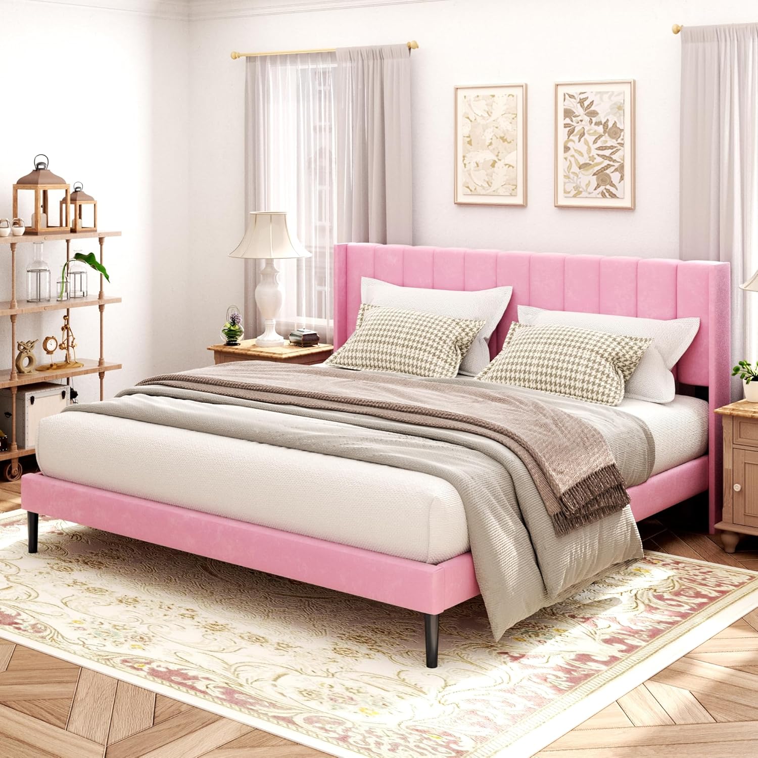 Full Size Bed Frame with Headboard,Vertical Channel Tufted Wingback No Box Sprin...