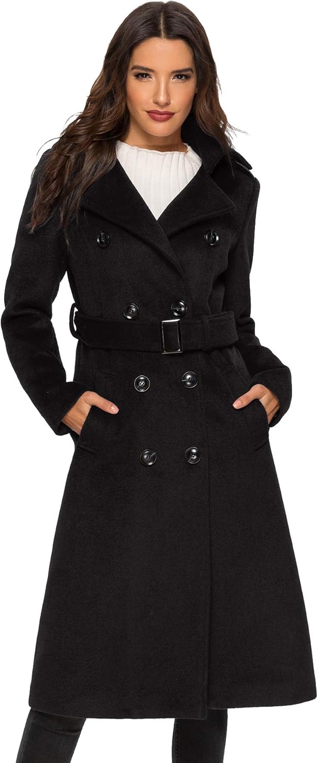 Escalier Womens Wool Coat Double Breasted Pea Coat Winter Long Trench Coat with...