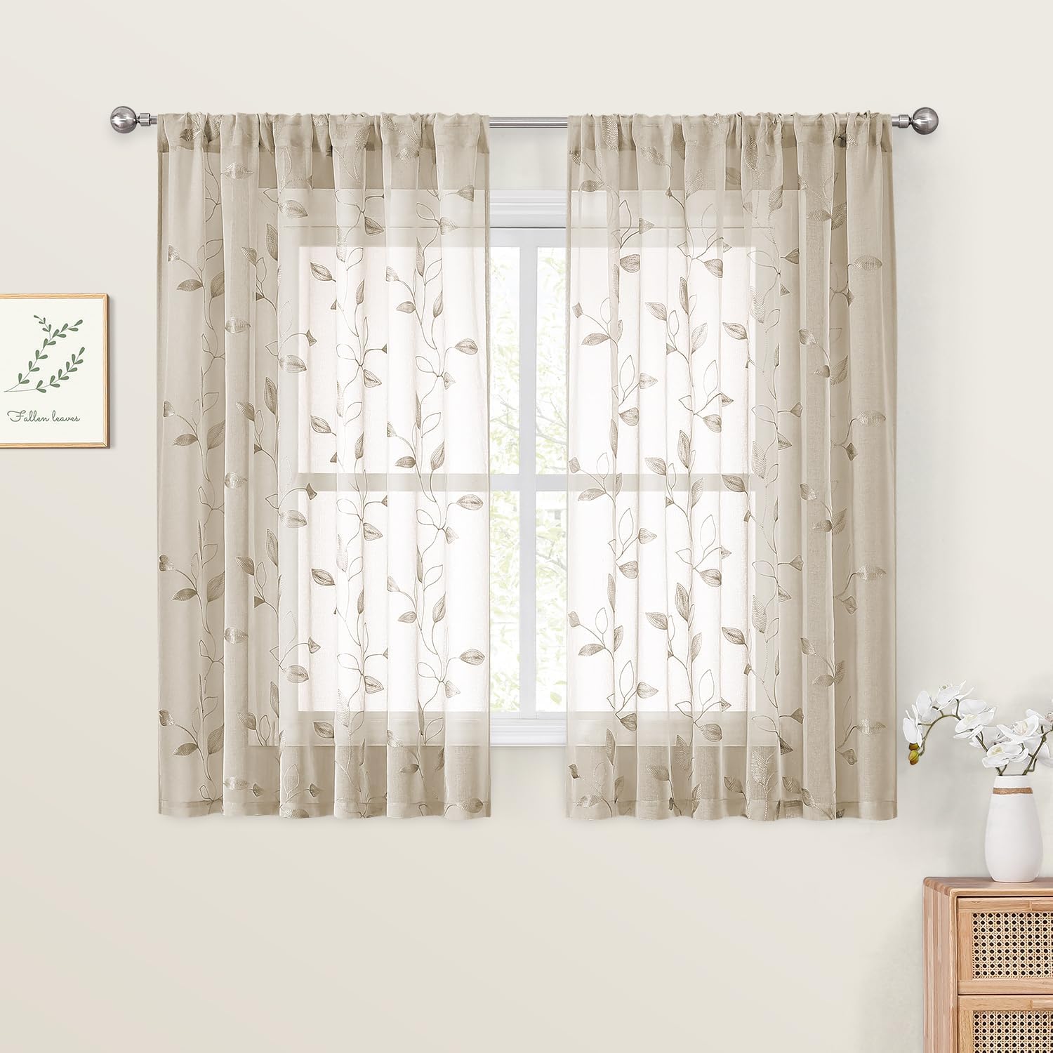 HOMEIDEAS Taupe Sheer Curtains 52 x 54 Inch Length 2 Panels Beige Embroidered Le...
