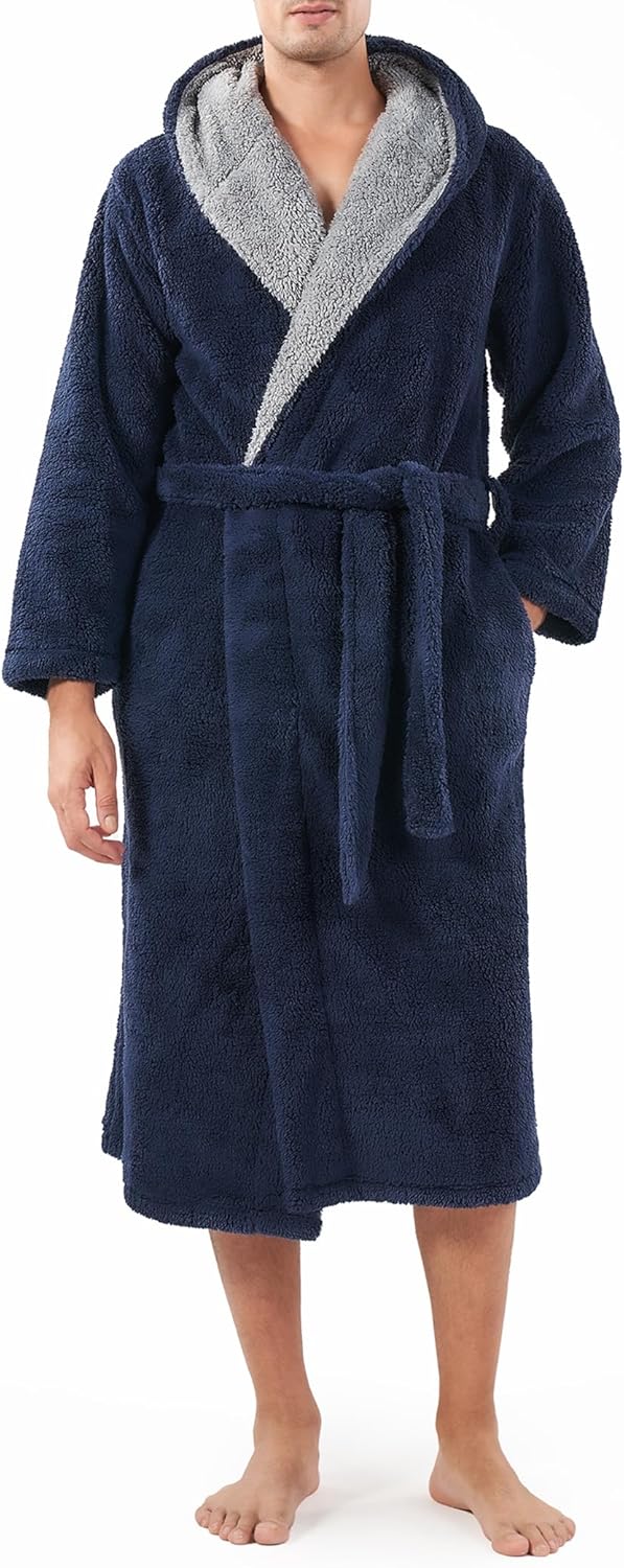 DAVID ARCHY Men's Soft Fleece Plush Robe Full Length Long Bathrobe Large Navy Bl...