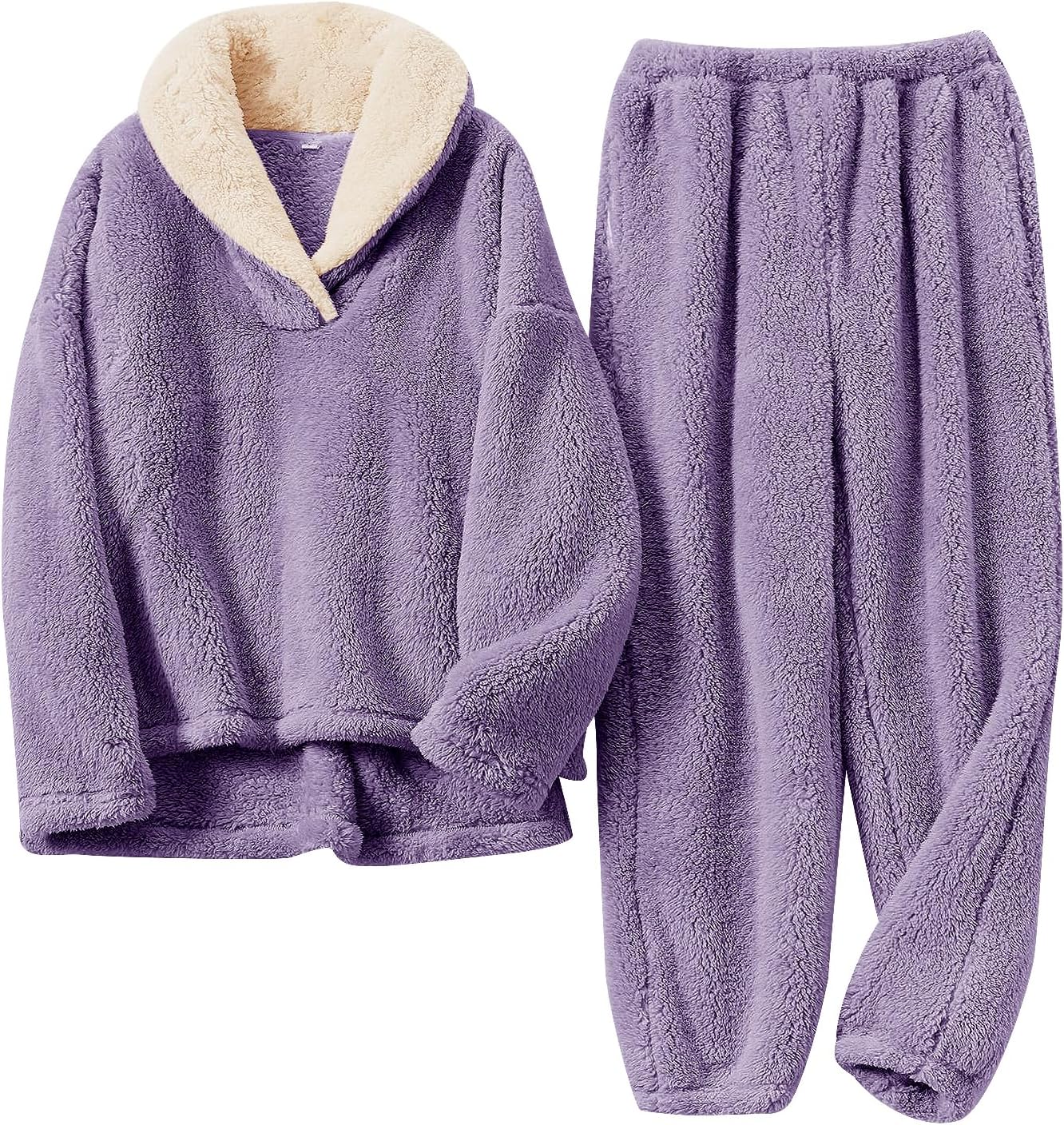 Fluffy Pajamas Set for Women Soft Comfy Fleece Pjs Pullover Pants Loose Plush Sl...