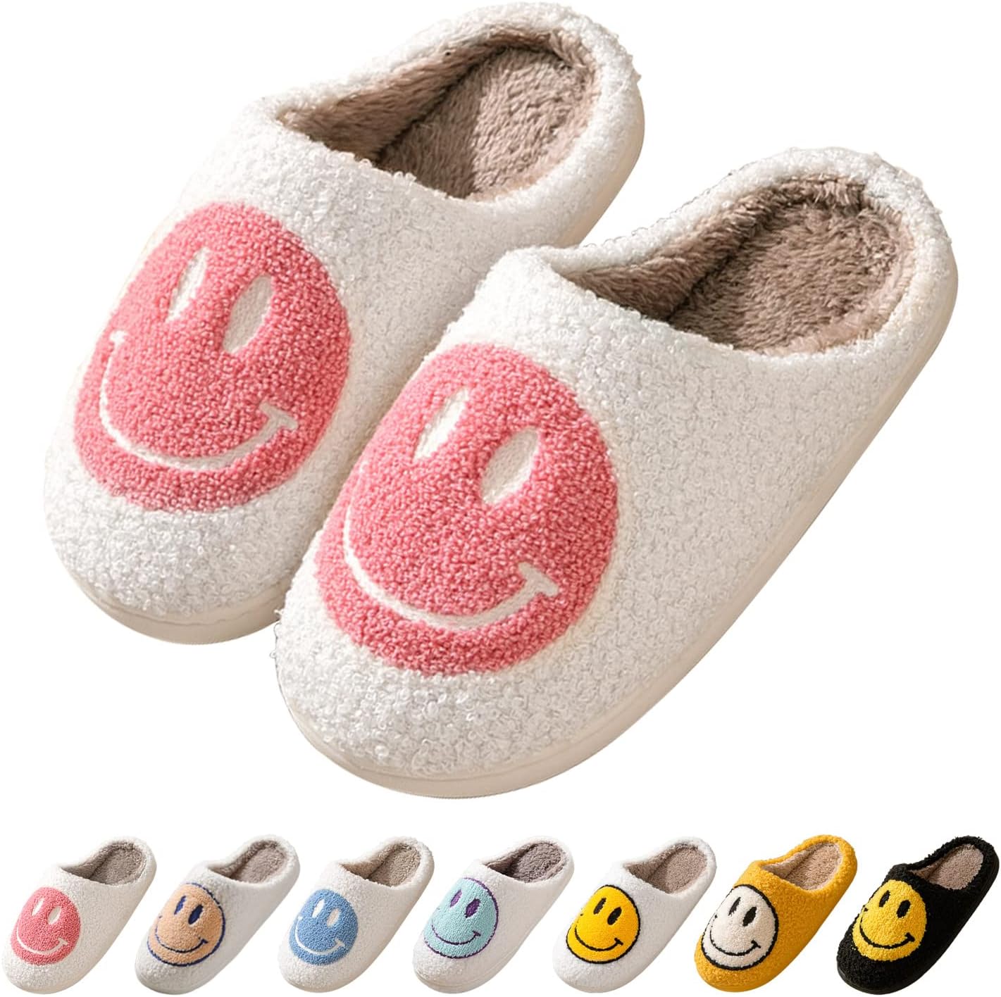Smile Face Slippers for Women Happy face slippers Retro Soft Plush Warm Slip-on...