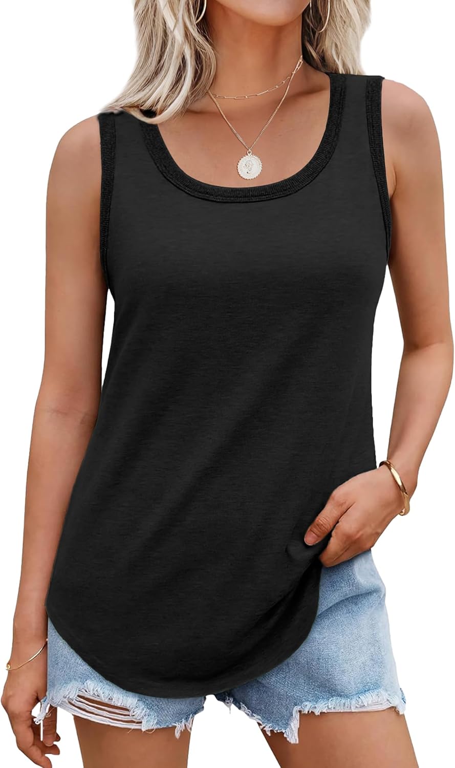 Saloogoe Womens Tank Tops Summer Loose Sleeveless Tops Ribbed Trim Scoop Neck Cu...