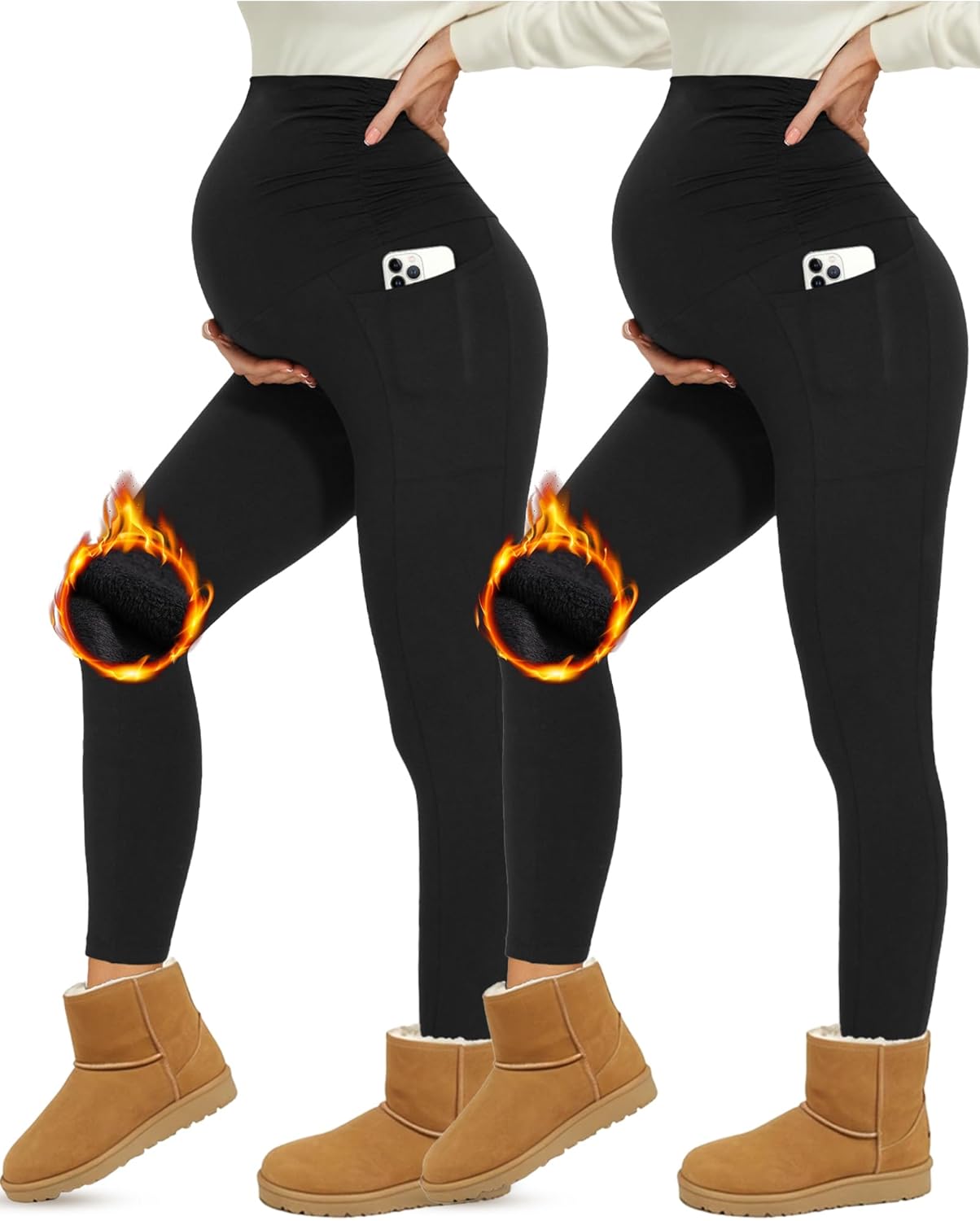 DDOBB 2 Pack Maternity Leggings Over Bump with Pockets High Waist Black Soft Bel...