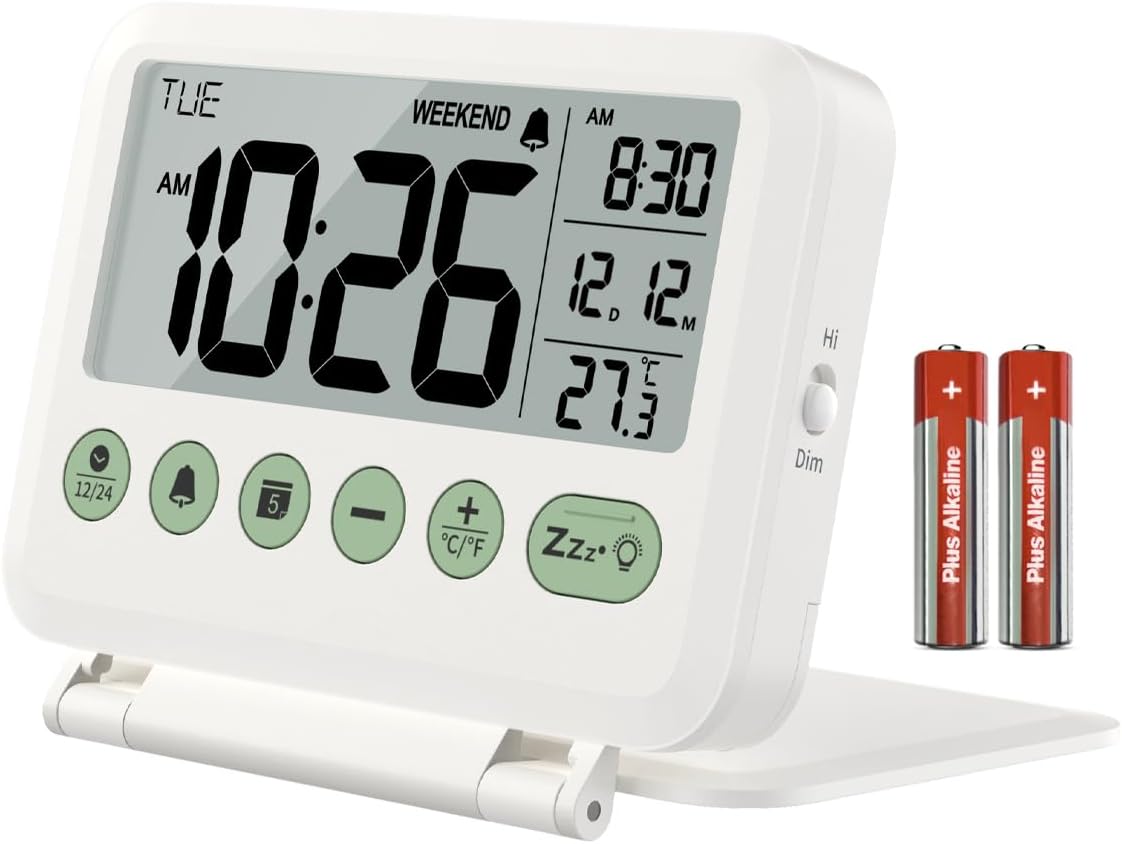 MeesMeek Travel Alarm Clock: 2-Level Backlight, 2 Volumes, 12/24H, Calendar, Tem...