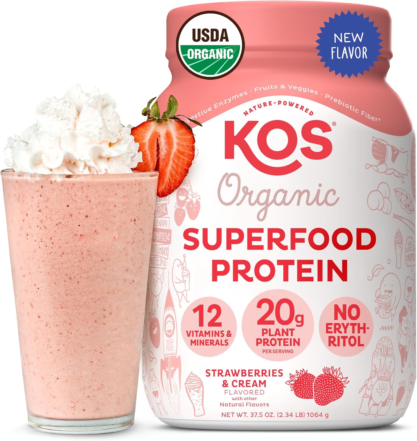 KOS Organic Plant Based Protein Powder - Strawberries & Cream - 28 Serving Straw...