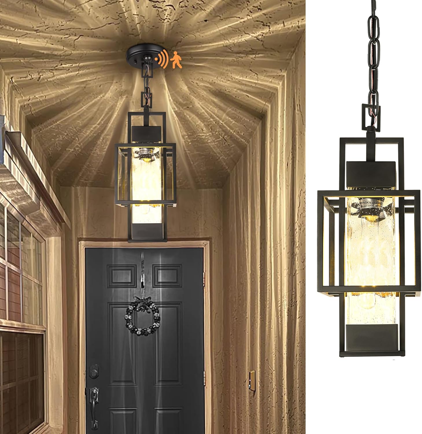PARTPHONER Motion Sensor 15" Outdoor Pendant Light Exterior Hanging Lantern, Mod...