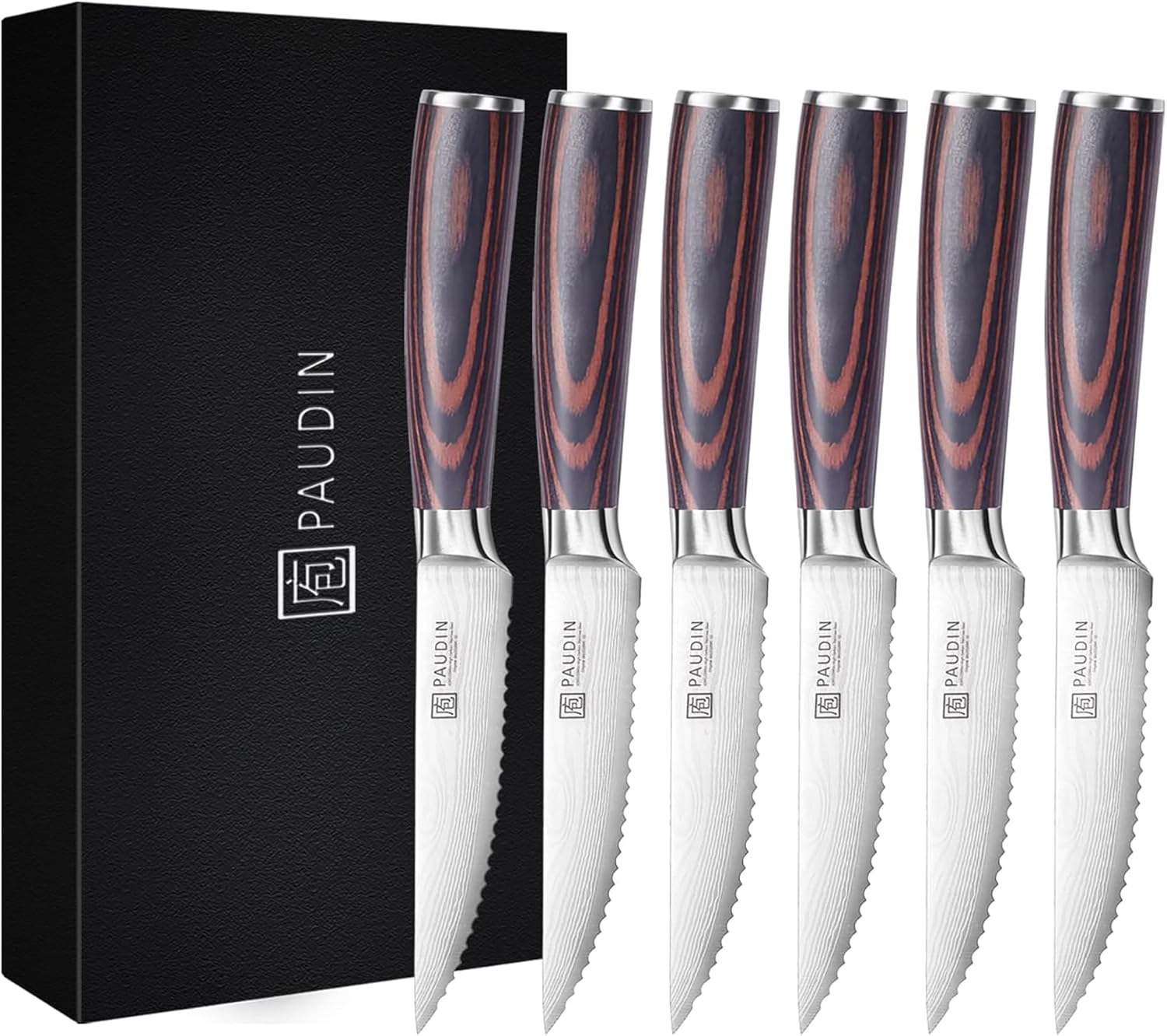 PAUDIN Steak Knives Set of 6, Kitchen Steak Knife 4.5 Inch, Super Sharp Serrated...