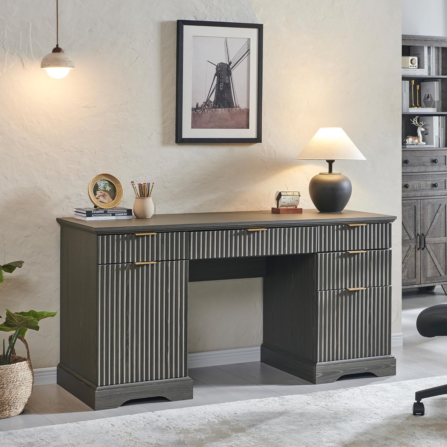 JXQTLINGMU 60" Modern Executive Desk with Storage, Wood Home Office Desk with Dr...