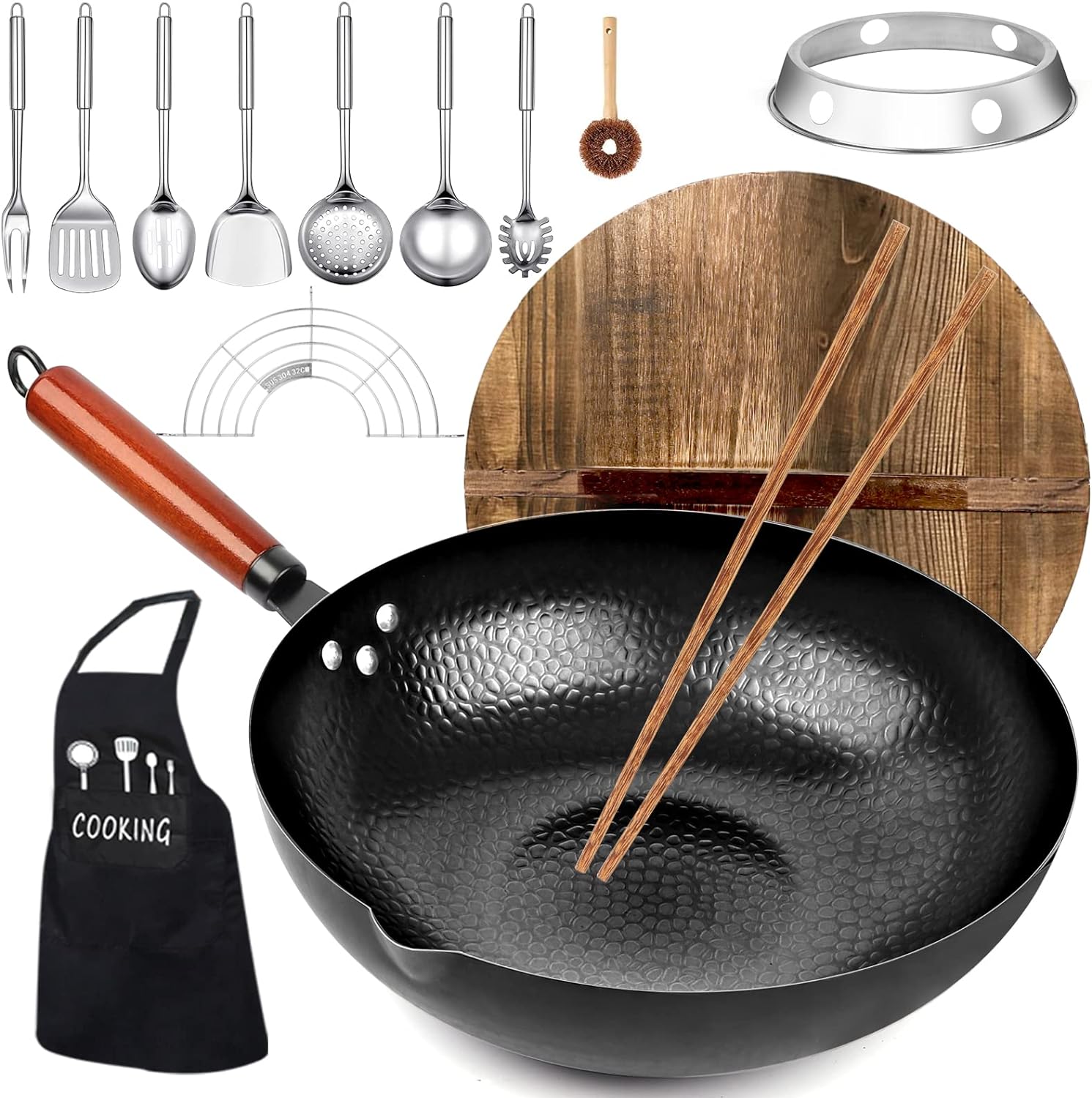 Carbon Steel Wok Pan, 14 Piece Woks & Stir-Fry Pans Set with Wooden Lid Cookware...