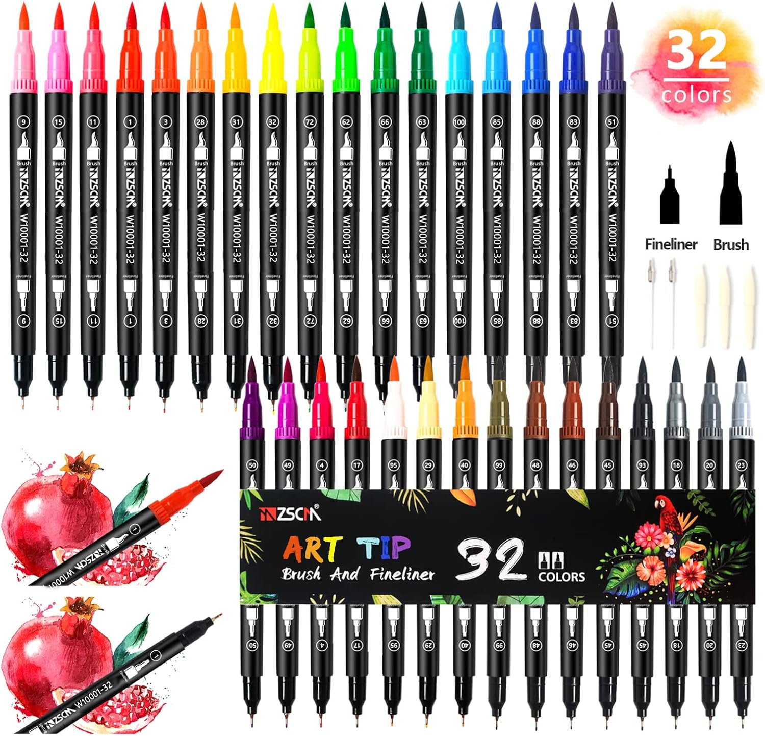ZSCM 32 Colors Duo Tip Brush Markers Art Pen Set, Artist Fine and Brush Tip Colo...
