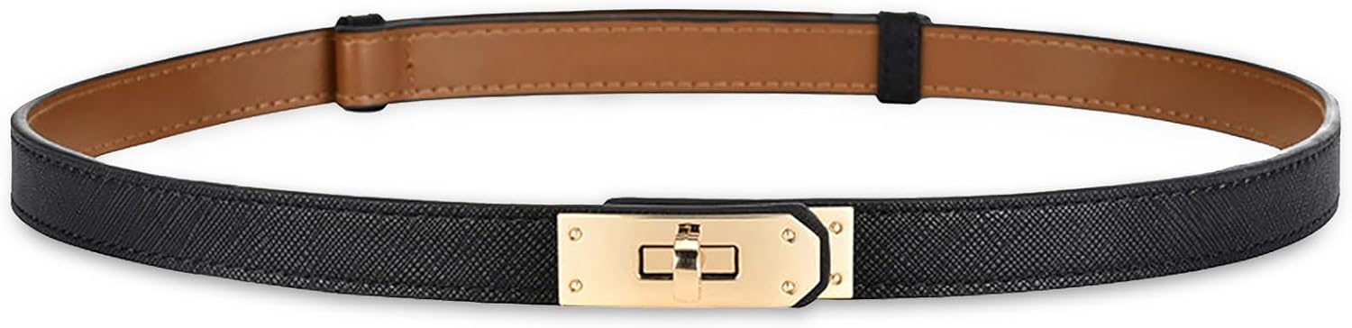 Women's Skinny Leather Belt with Adjustable Silver Turn-Lock Buckle - Ideal for...