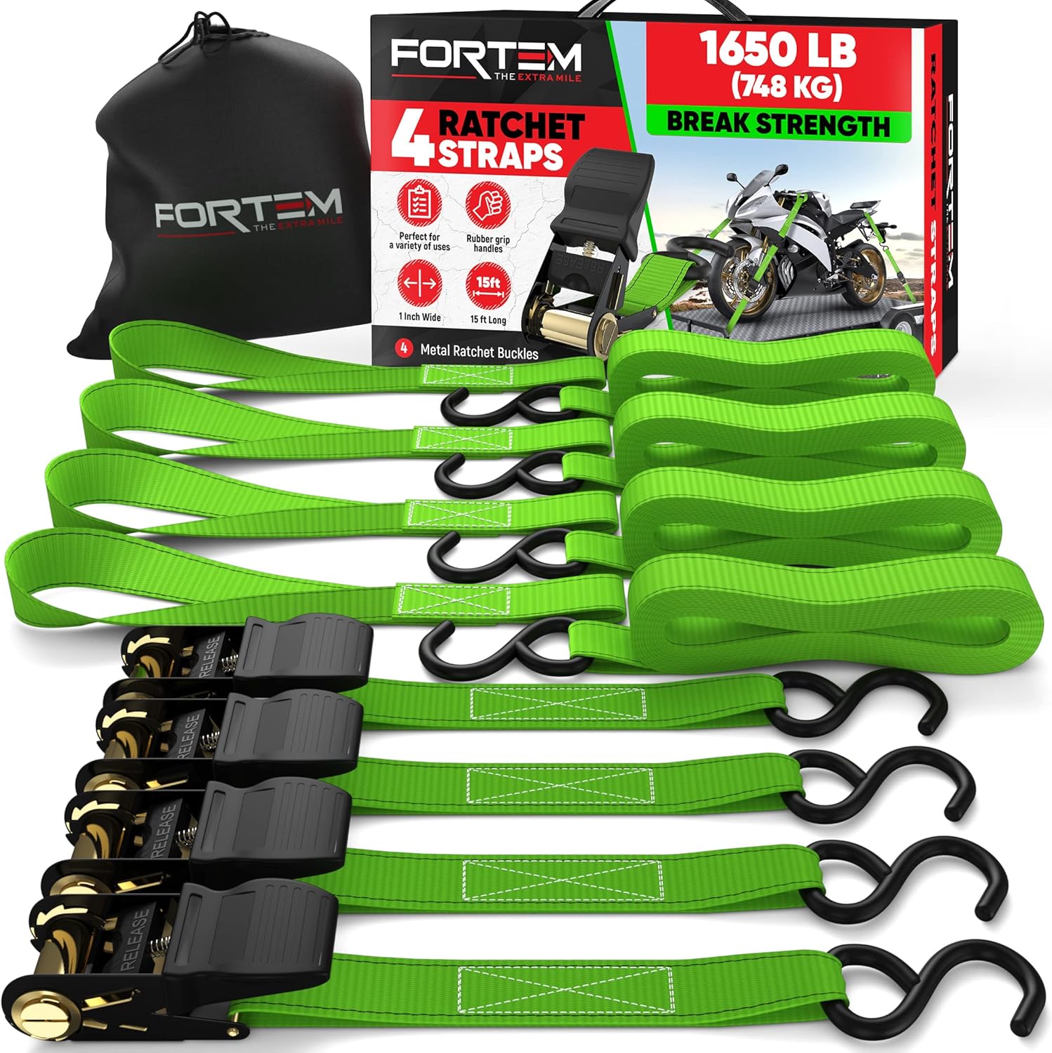 FORTEM Ratchet Tie Down Straps, 4X 4.6m Securing Straps, 4X Soft Loops 748kg Bre...