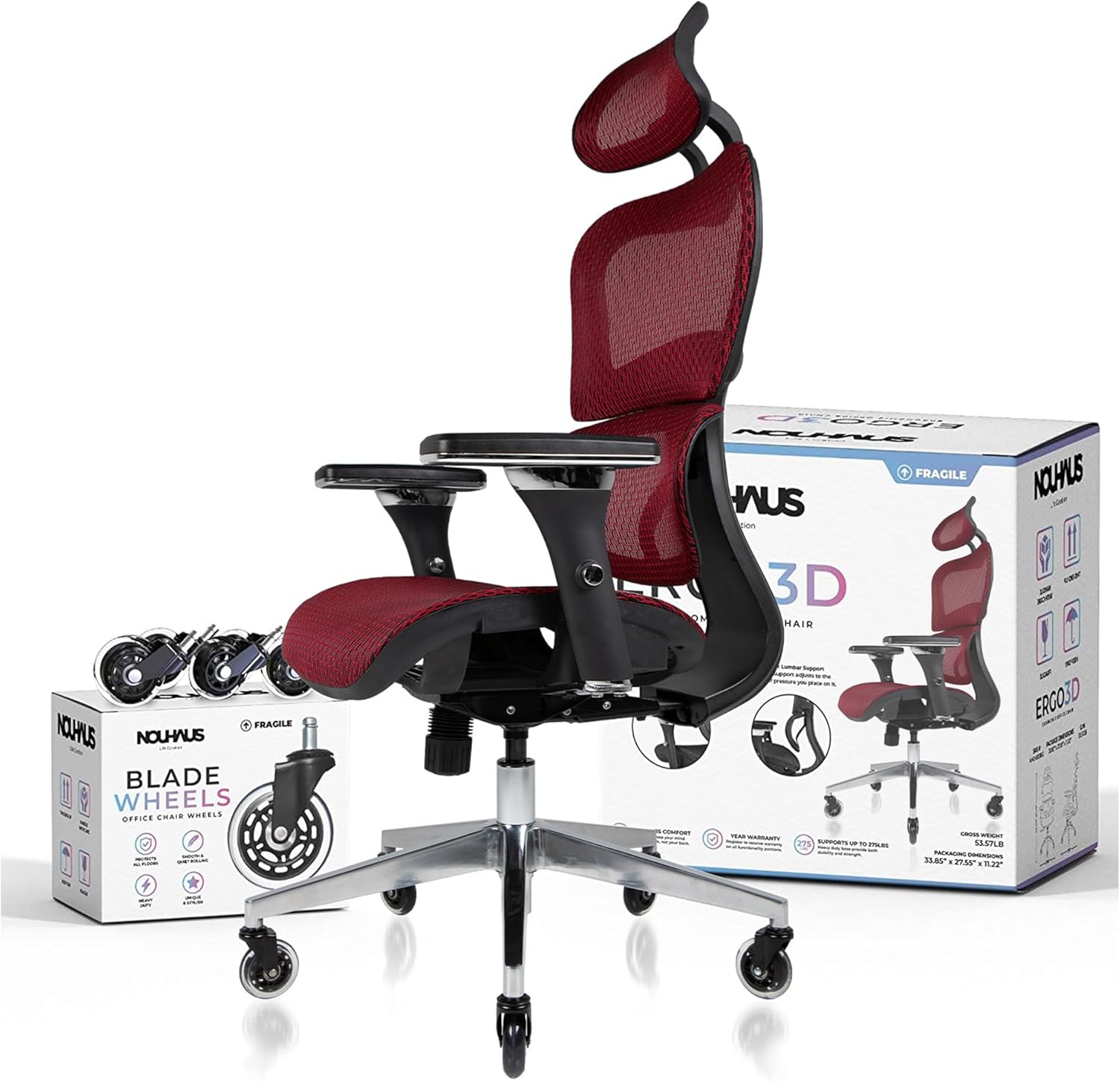 Nouhaus Ergo3D Ergonomic Office Chair Lumbar Support Mesh Office Chair with 4D A...