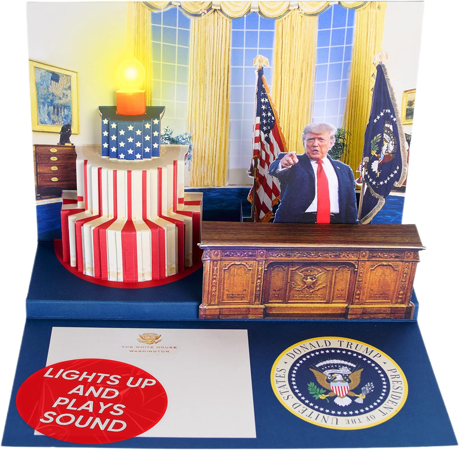 Pop Up Birthday Card with Light & Sound Says Happy Birthday in Donald Trump REAL...