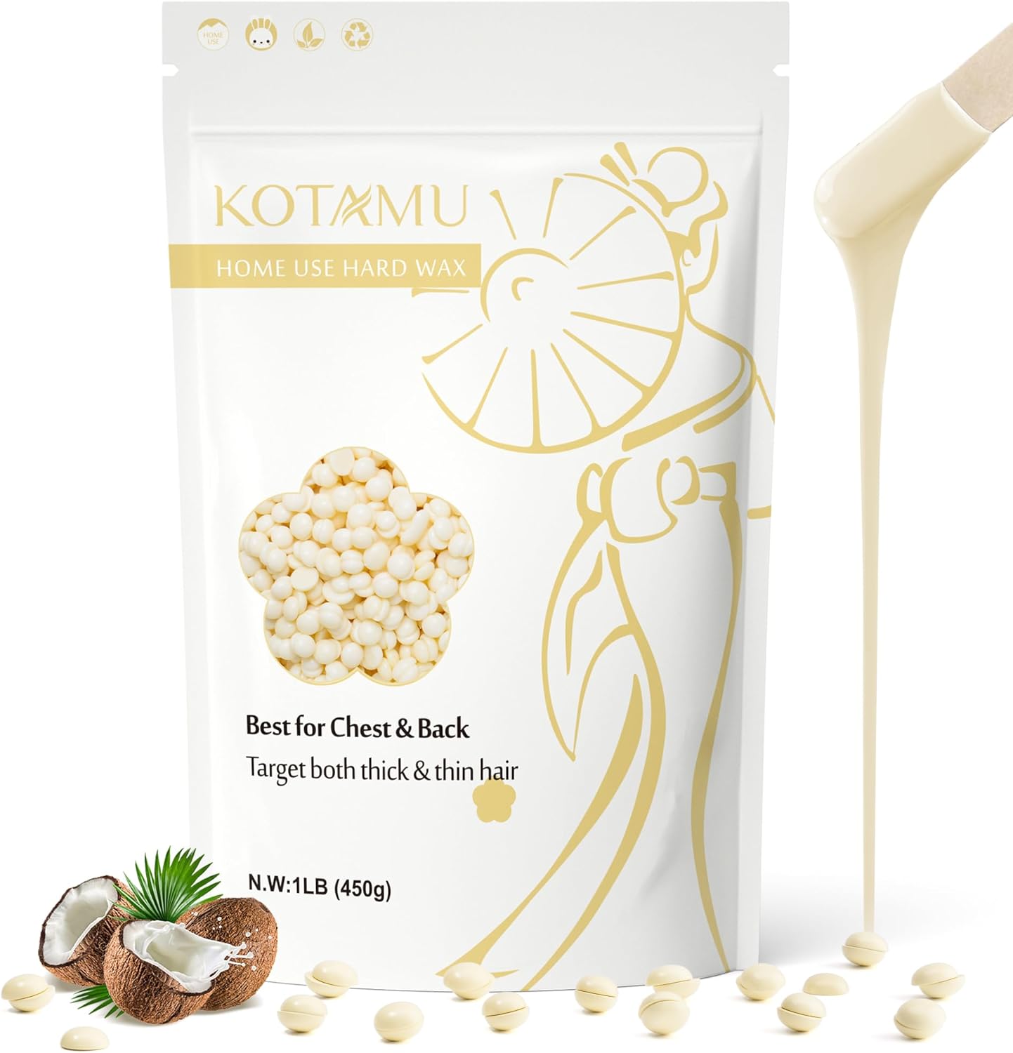 KOTAMU Hard Wax Beads for Hair Removal, 450g Cream...