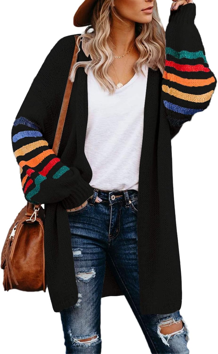 AlvaQ Women's Cardigans Long Sleeve Open Front Rainbow Striped Color Block Loose...