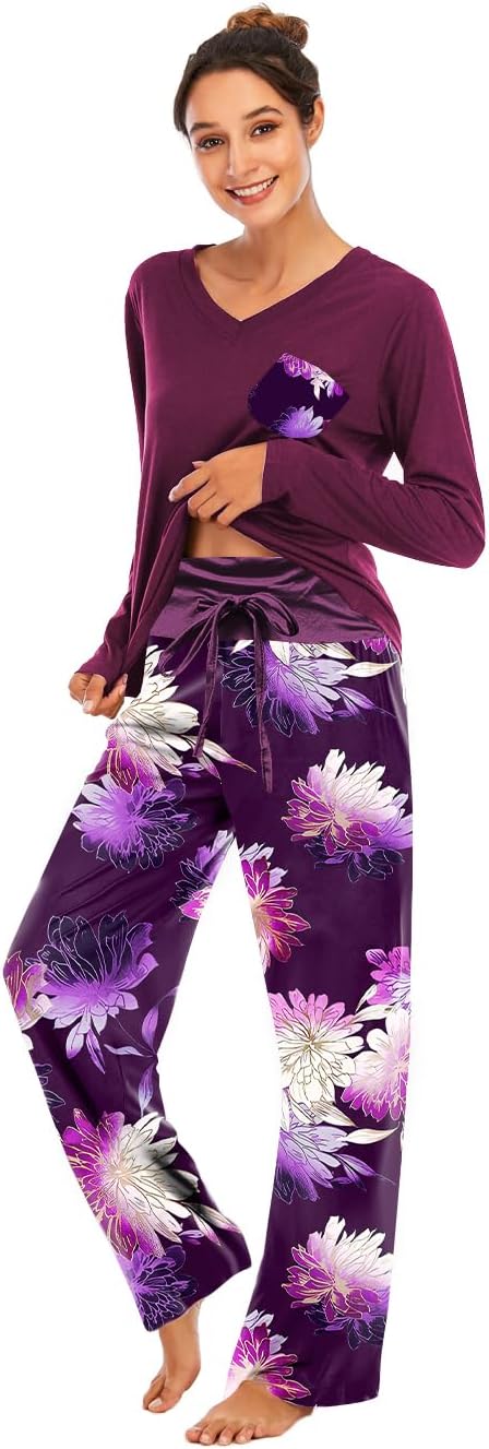 Famulily Women Comfy Pajamas, Ladies Pyjamas Set Floral Printing Long Sleeve Lou...