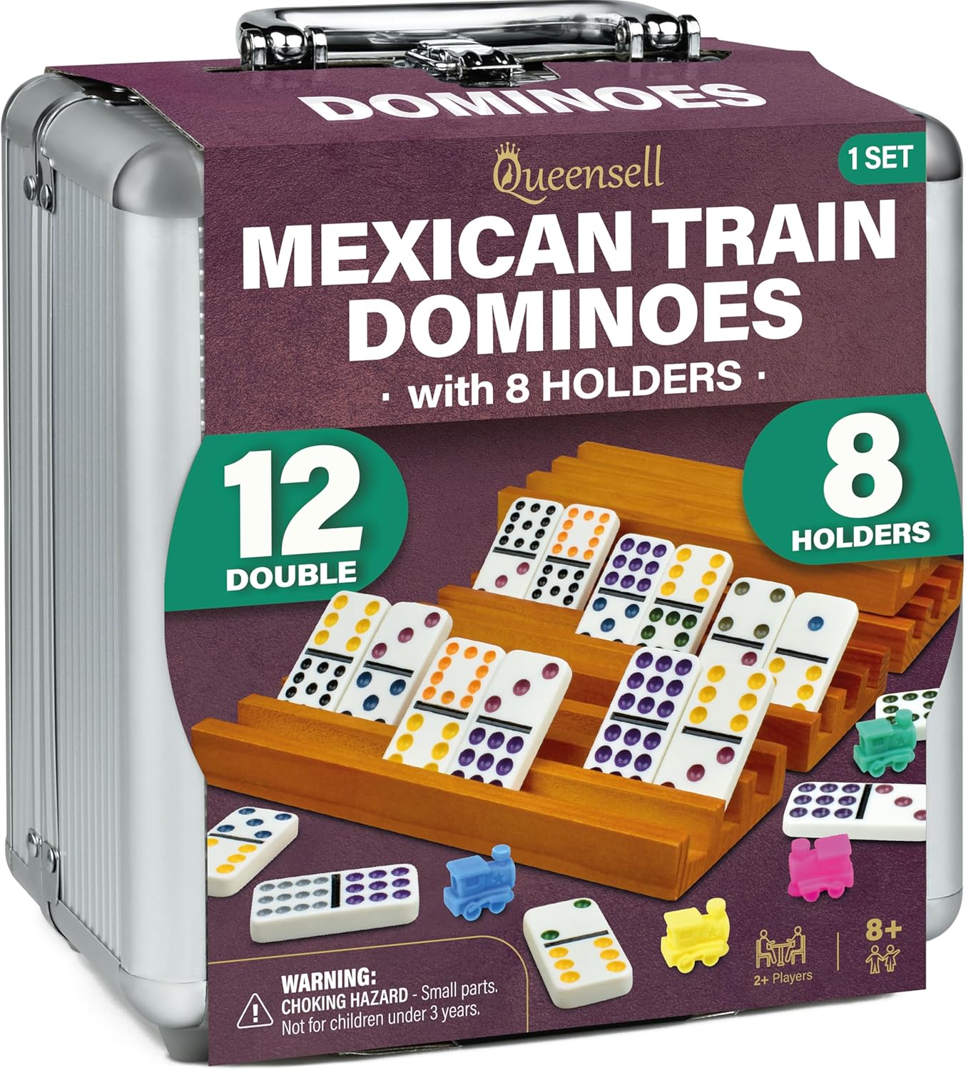 Queensell Mexican Train Dominoes Set with 8 Holders - Wooden Hub and Tiles Holde...