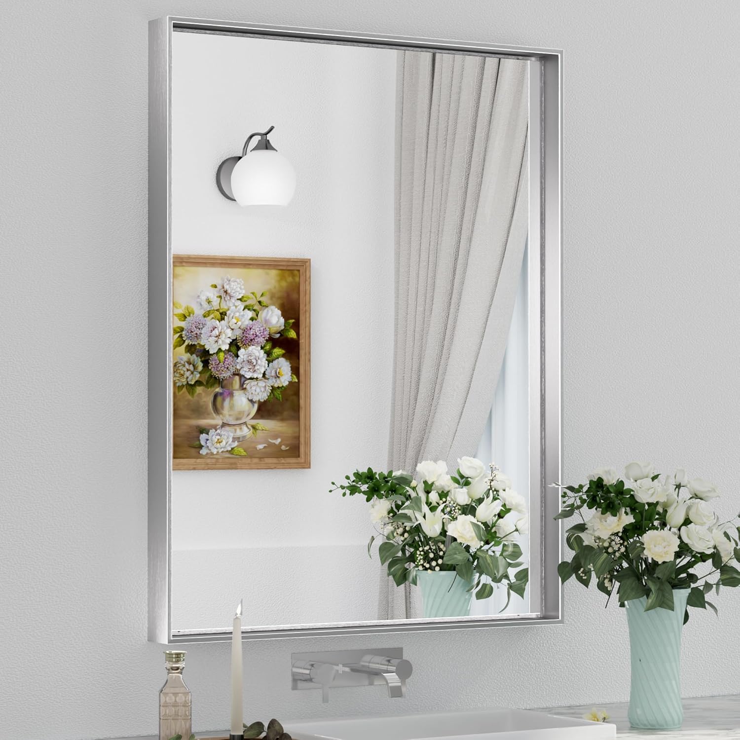Keonjinn Brushed Silver Bathroom Mirror 28 x 36 Inch Silver Vanity Mirror Rectan...