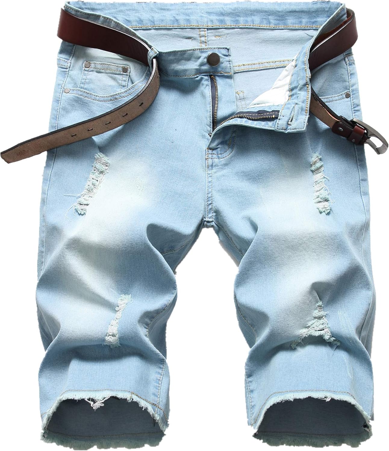 Denim Shorts for Men Summer Vintage Washed Ripped Distressed Straight Fit Knee L...