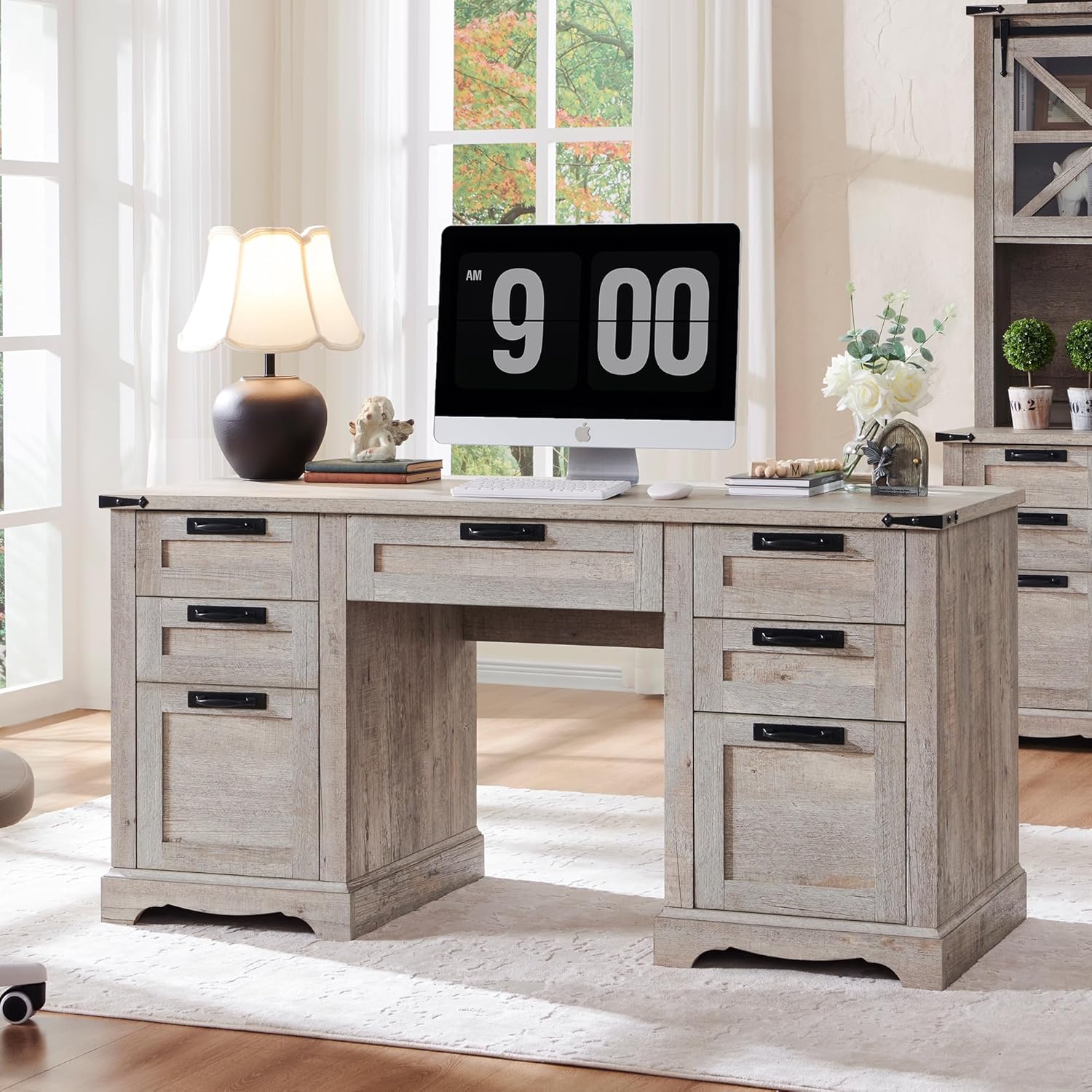 RedLemon 60" Farmhouse Executive Desk with Drawers, Wood Home Office Desk w/Char...