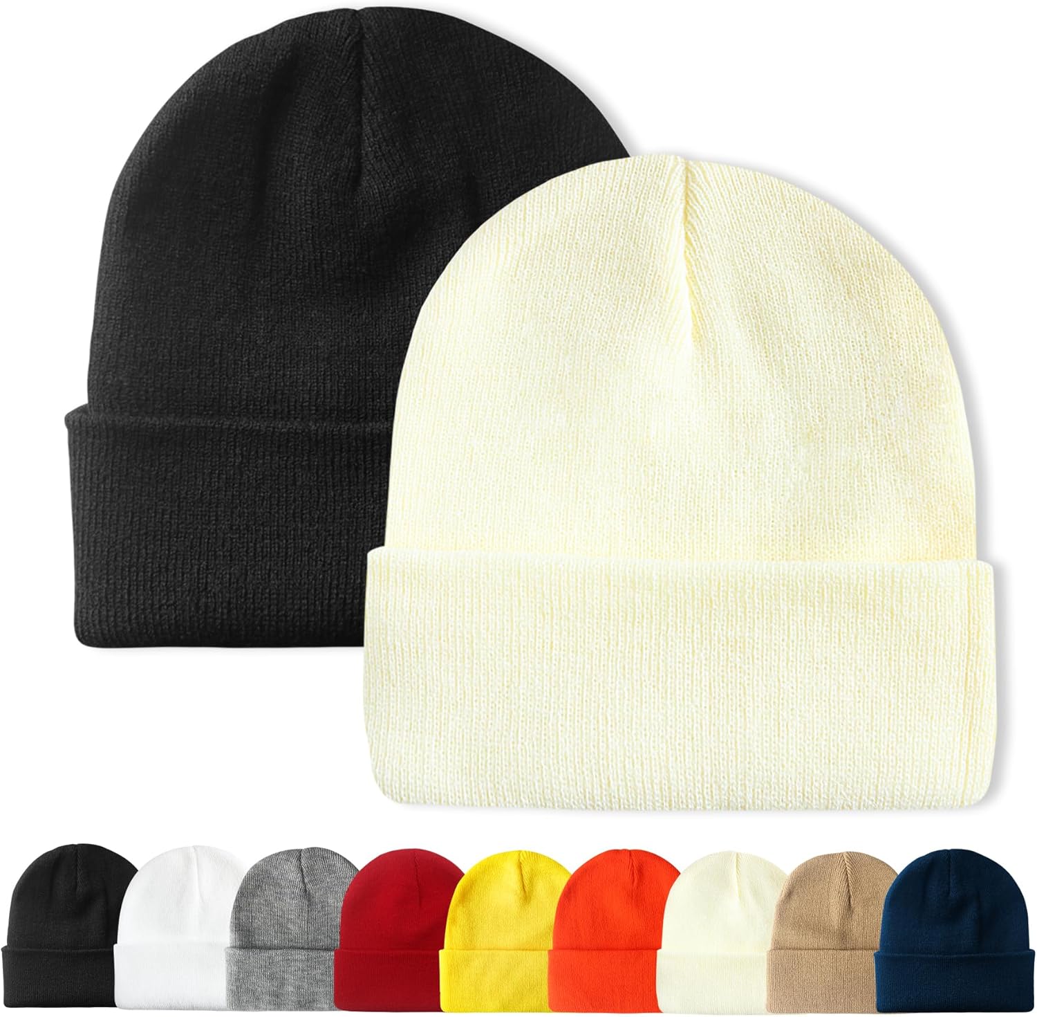PFFY 2 Packs Unisex Beanie Hats for Men Women Knit Winter Beanies Black+ Beige 2