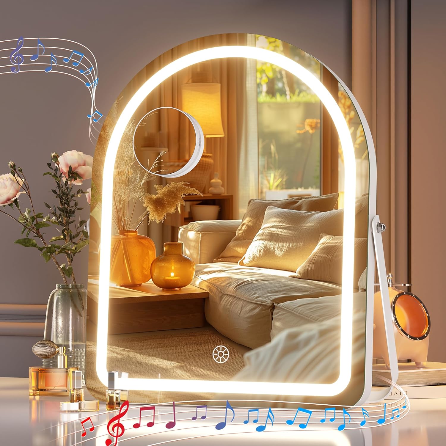 Hasipu Vanity Mirror with Lights and Bluetooth Speaker, 11.5"× 14" Arched LED Ma...