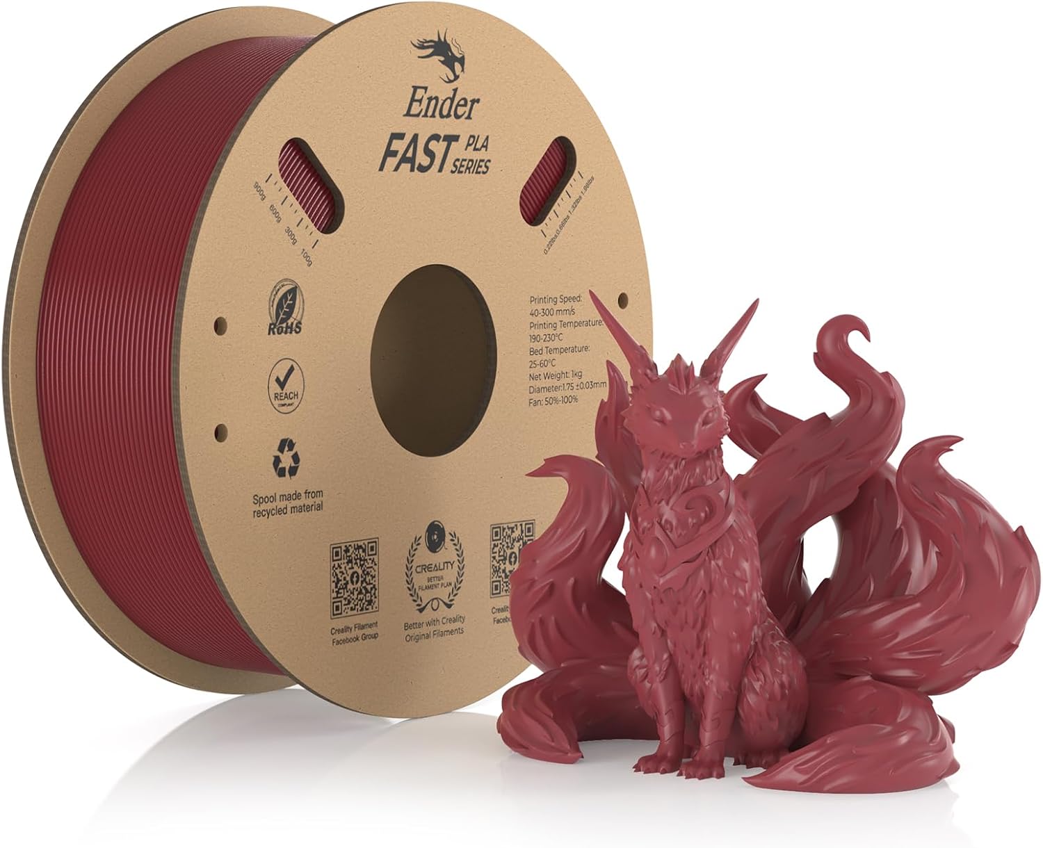 Creality Fast PLA Filament, Fire Red Filament 1.75mm Fast PLA 1KG, 3D Printer Fi...