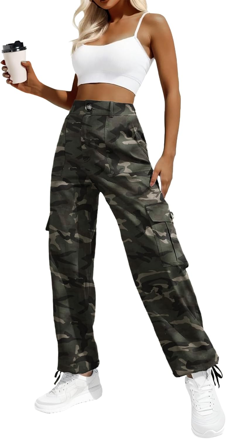 Lepunuo Women's High Waisted Cargo Pants Travel Y2K Streetwear Baggy Stretchy Pa...