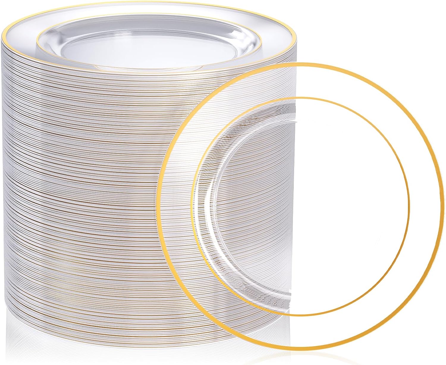FOCUSLINE 100 Count Clear Gold Plastic Plates 7 Inch, Disposable Heavy Duty Clea...