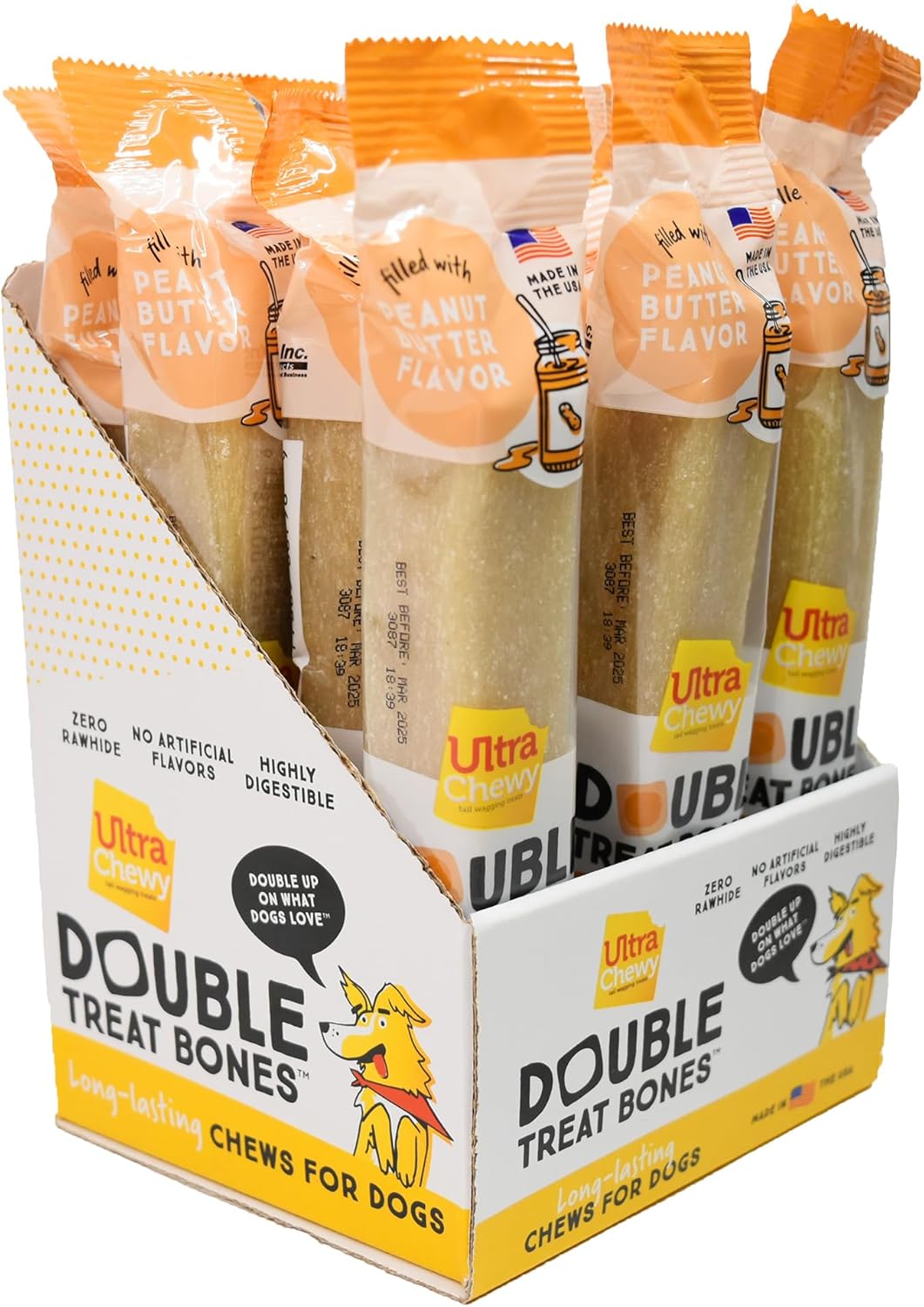 Ultra Chewy Peanut Butter Double Treat Bones: Long-Lasting Dog Treats Made in US...