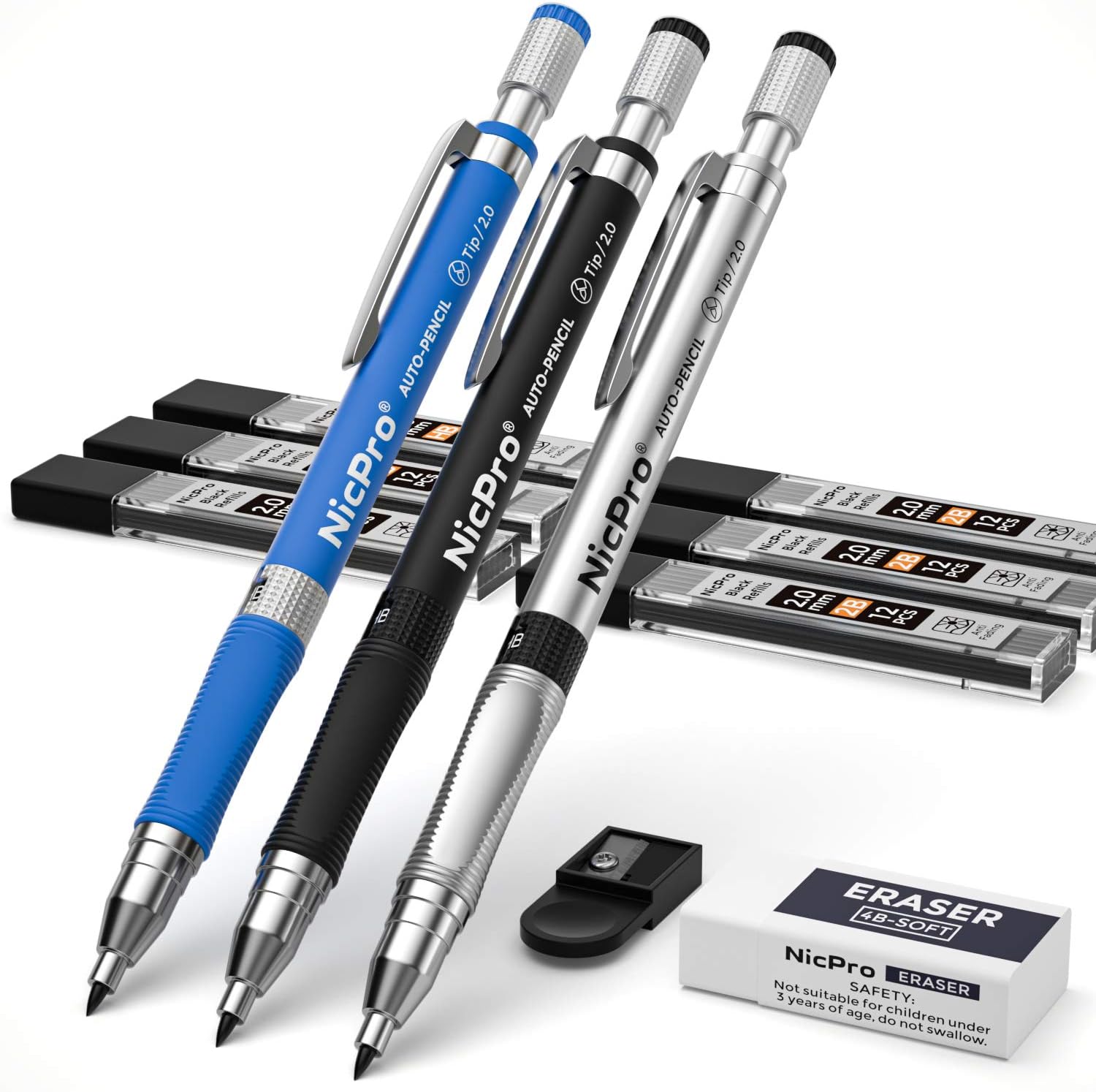 Nicpro 2mm Mechanical Pencil Set, 3 PCS Artist Propelling Drafting Clutch Pencil...