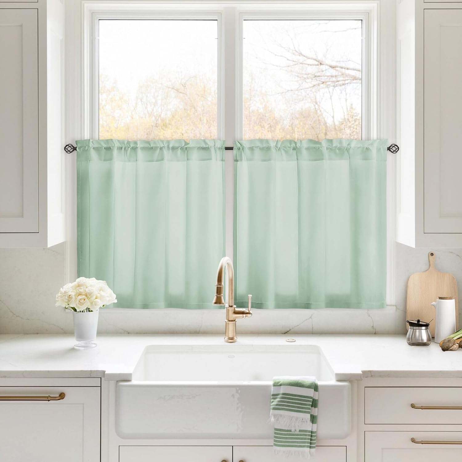 HOMEIDEAS Non-See-Through Sage Green Privacy Sheer Curtains 30 X 24 Inches Long...