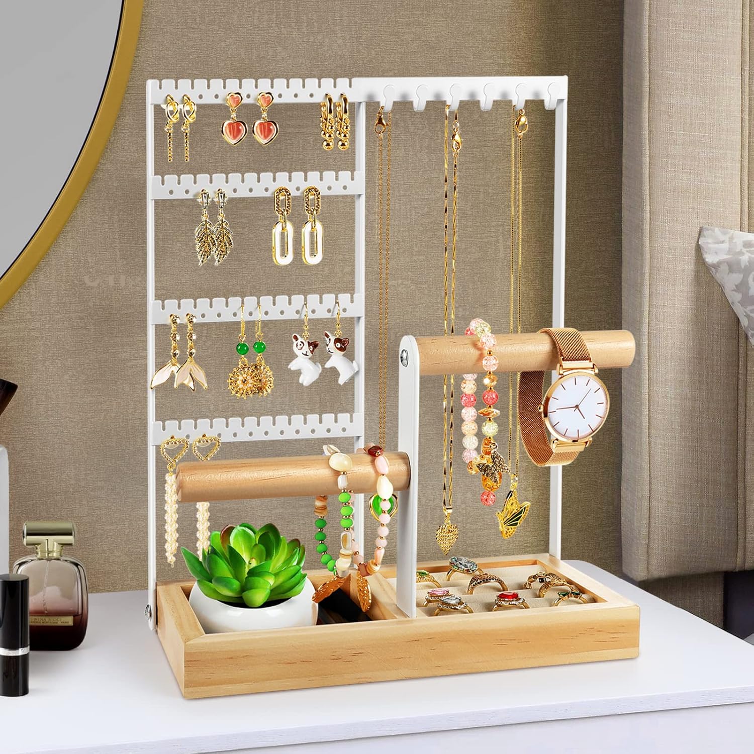 Godboat Jewelry Organizer, 4-Tier Earring Holder Organizer with 48 Holes, 6 Hook...
