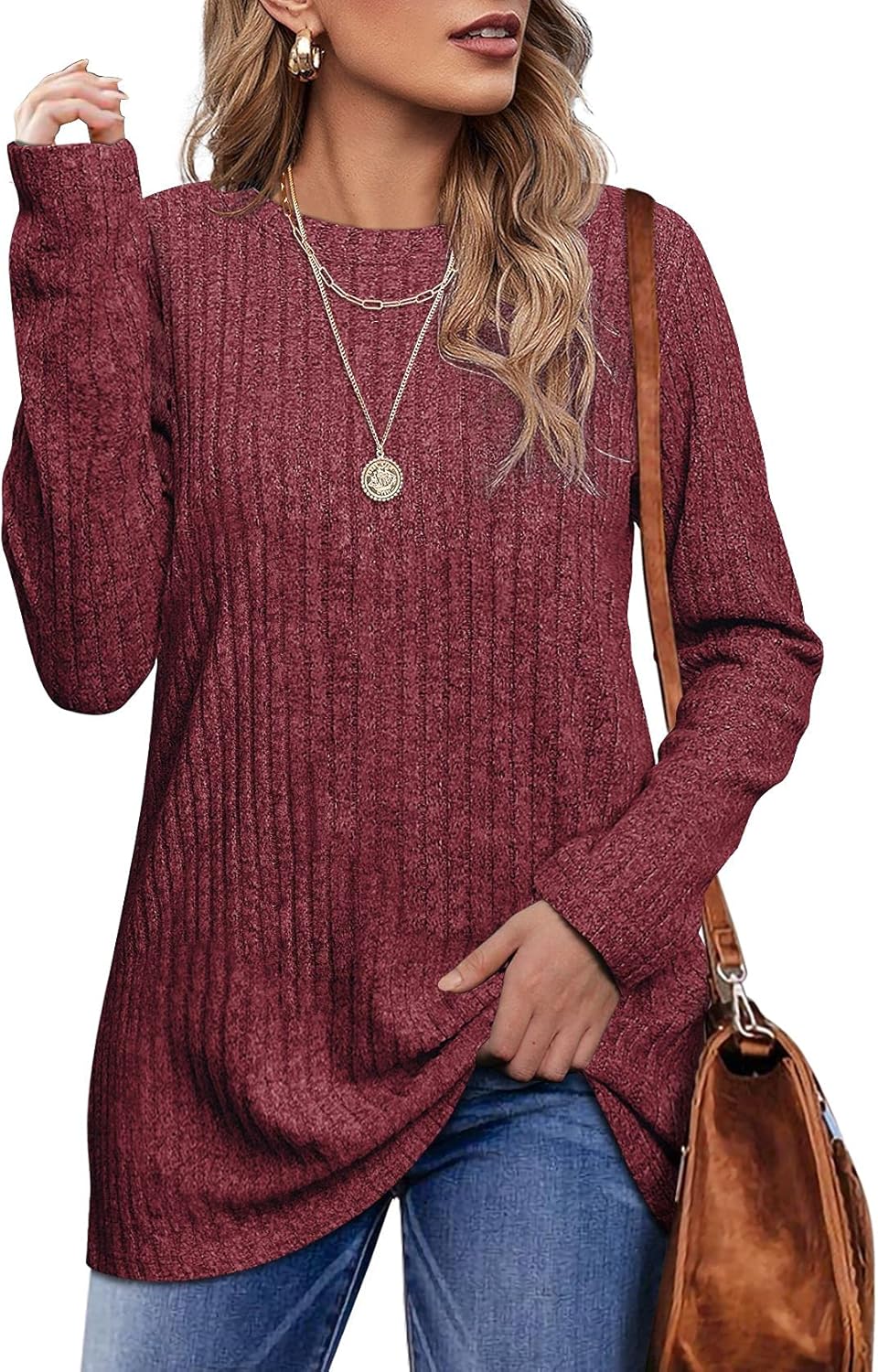 OFEEFAN Long Sleeve Shirts for Women Lightweight Crew Neck Casual Tunic Tops A02...