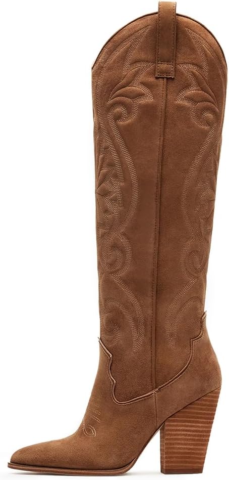 VOMIRA Knee High Cowboy Boots for Women Pointed Toe Chunky High Heels Pull-on Em...