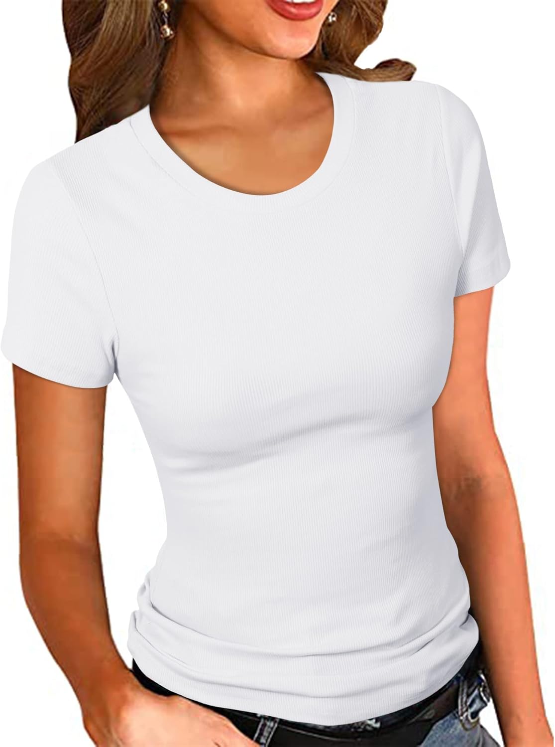 PALINDA Women's Crew Neck Ribbed Fitted Shirt Basic Short Sleeves Summer T Shirt...