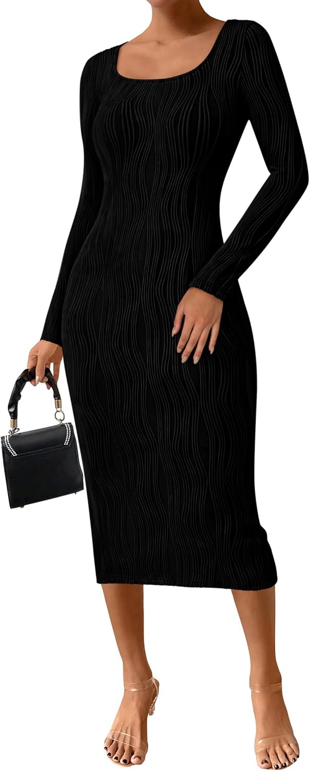 PRETTYGARDEN Women's Dress 2024 Fall Long Sleeve Square Neck Fitted Knit Midi Pa...