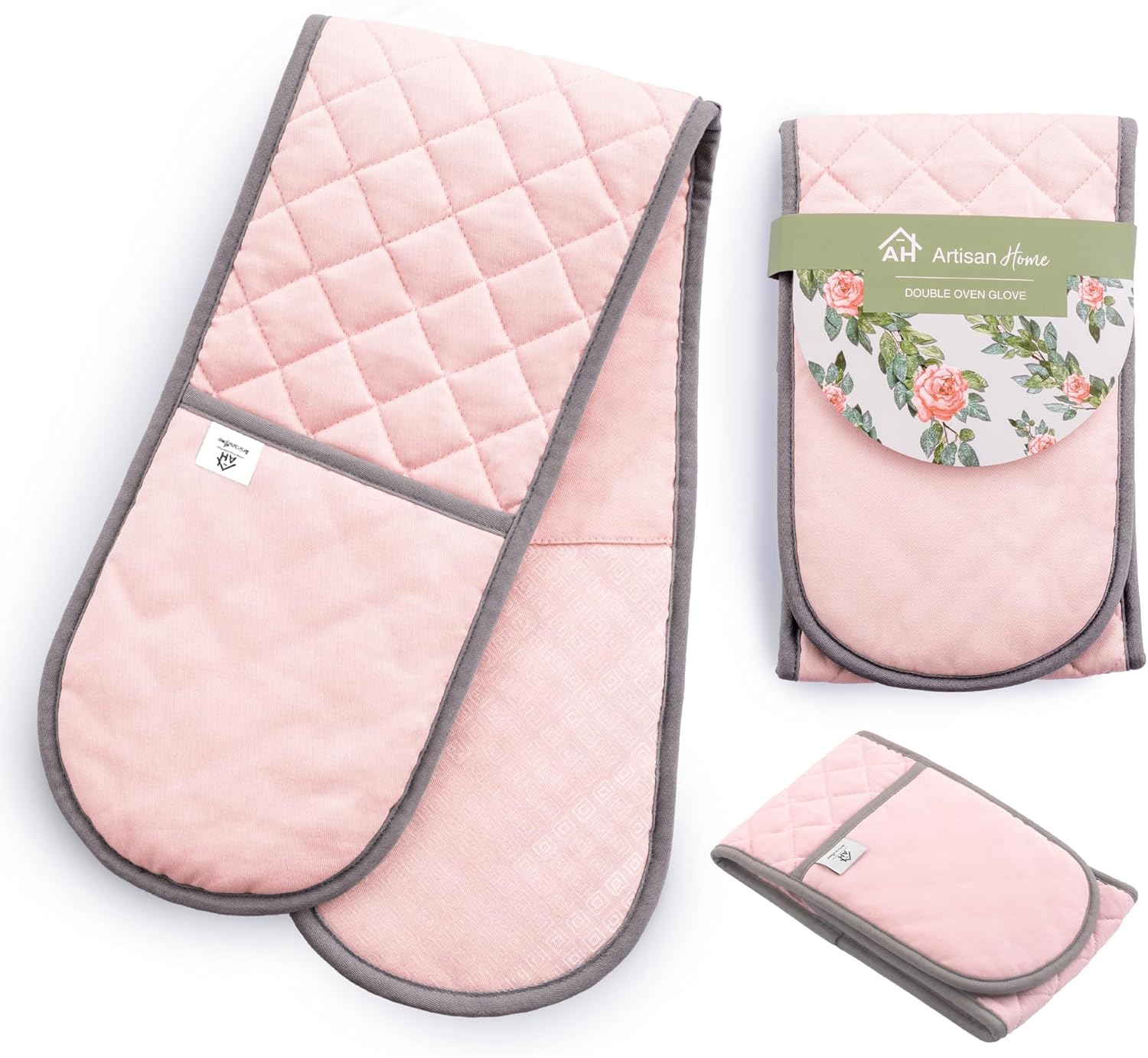 Pink Double Oven Gloves | Maximum Heat Resistant Protection | Double Oven Mitt W...
