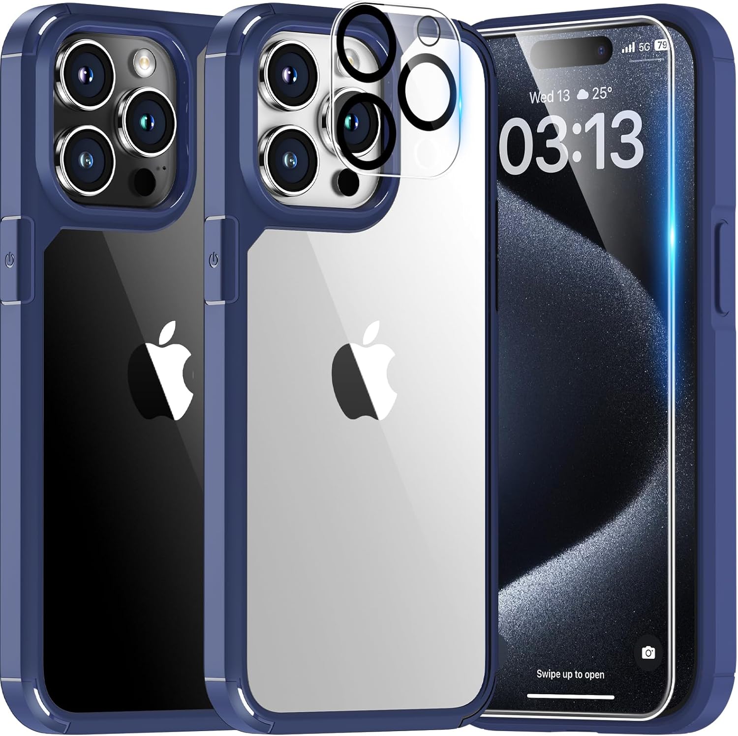 TAURI 3 in 1 Blue Case for iPhone 15 Pro Case, and 2X Screen Protector, [Not-Yel...